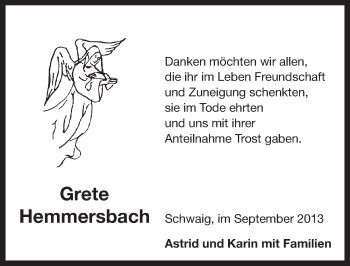 Traueranzeige von Grete Hemmersbach von Pegnitz-Zeitung